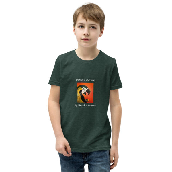 Youth Short Sleeve T-Shirt/BLK, Navy, Forest -Tributes to God's Grace-Parrot by Mason P. (Special Artist) - Image 2