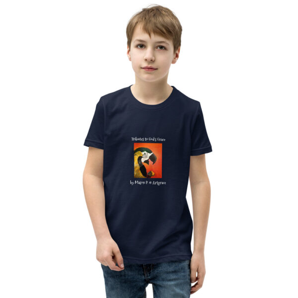 Youth Short Sleeve T-Shirt/BLK, Navy, Forest -Tributes to God's Grace-Parrot by Mason P. (Special Artist) - Image 3