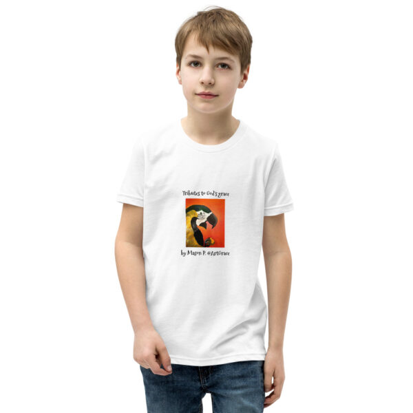 Youth Short Sleeve T-Shirt /White - Tributes to God's grace - Parrot by Mason P. (Special Artist) - Image 3