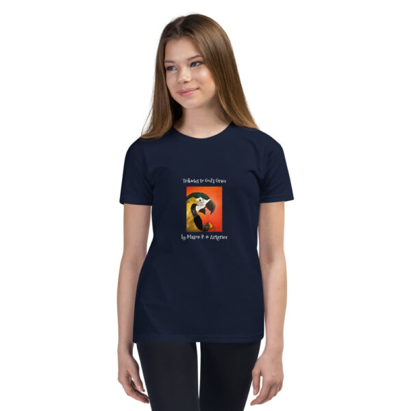 Youth Short Sleeve T-Shirt/BLK, Navy, Forest -Tributes to God's Grace-Parrot by Mason P. (Special Artist) - Image 8