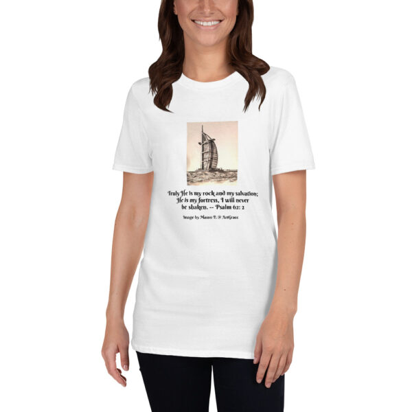 Short-Sleeve Unisex T-Shirt/White -Psalms 62:2 - Pier Watch Tower by Mason P. (Special Artist) - Image 2