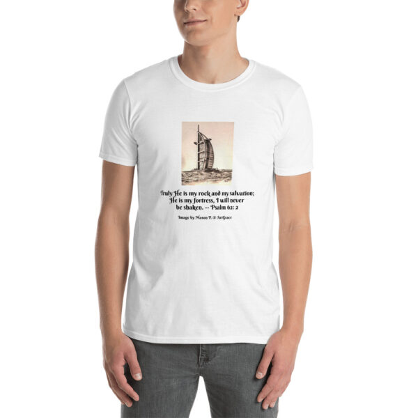 Short-Sleeve Unisex T-Shirt/White -Psalms 62:2 - Pier Watch Tower by Mason P. (Special Artist) - Image 3