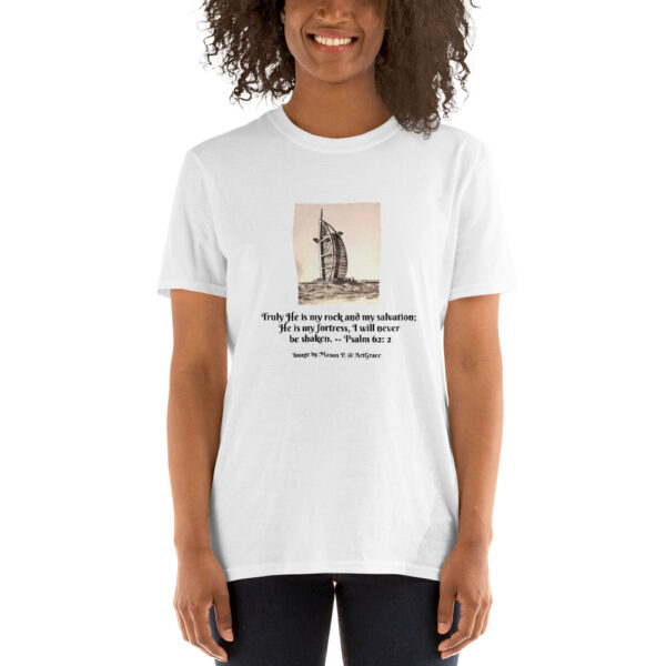 Short-Sleeve Unisex T-Shirt/White -Psalms 62:2 - Pier Watch Tower by Mason P. (Special Artist) - Image 4
