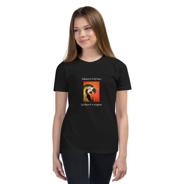 Youth Short Sleeve T-Shirt/BLK, Navy, Forest -Tributes to God's Grace-Parrot by Mason P. (Special Artist) - Image 4