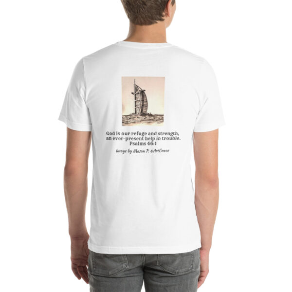 Short-Sleeve Unisex T-Shirt/White -Psalm 46:1 - Pier Watch Tower by Mason P. (Special Artist) - Image 2