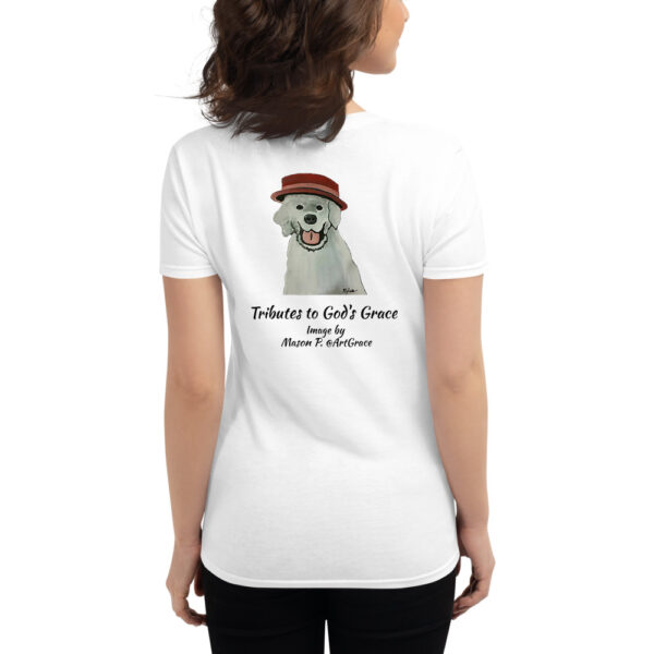 Women's short sleeve t-shirt / ArtGrace at Front and White Dog at Back / Image by Mason P. - Image 2