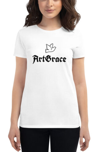 Women's short sleeve t-shirt / ArtGrace at Front and White Dog at Back / Image by Mason P.