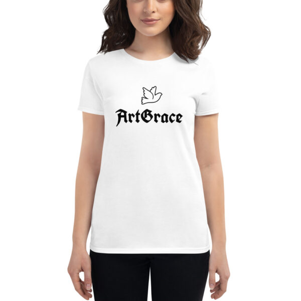 Women's short sleeve t-shirt / ArtGrace at Front and White Dog at Back / Image by Mason P.
